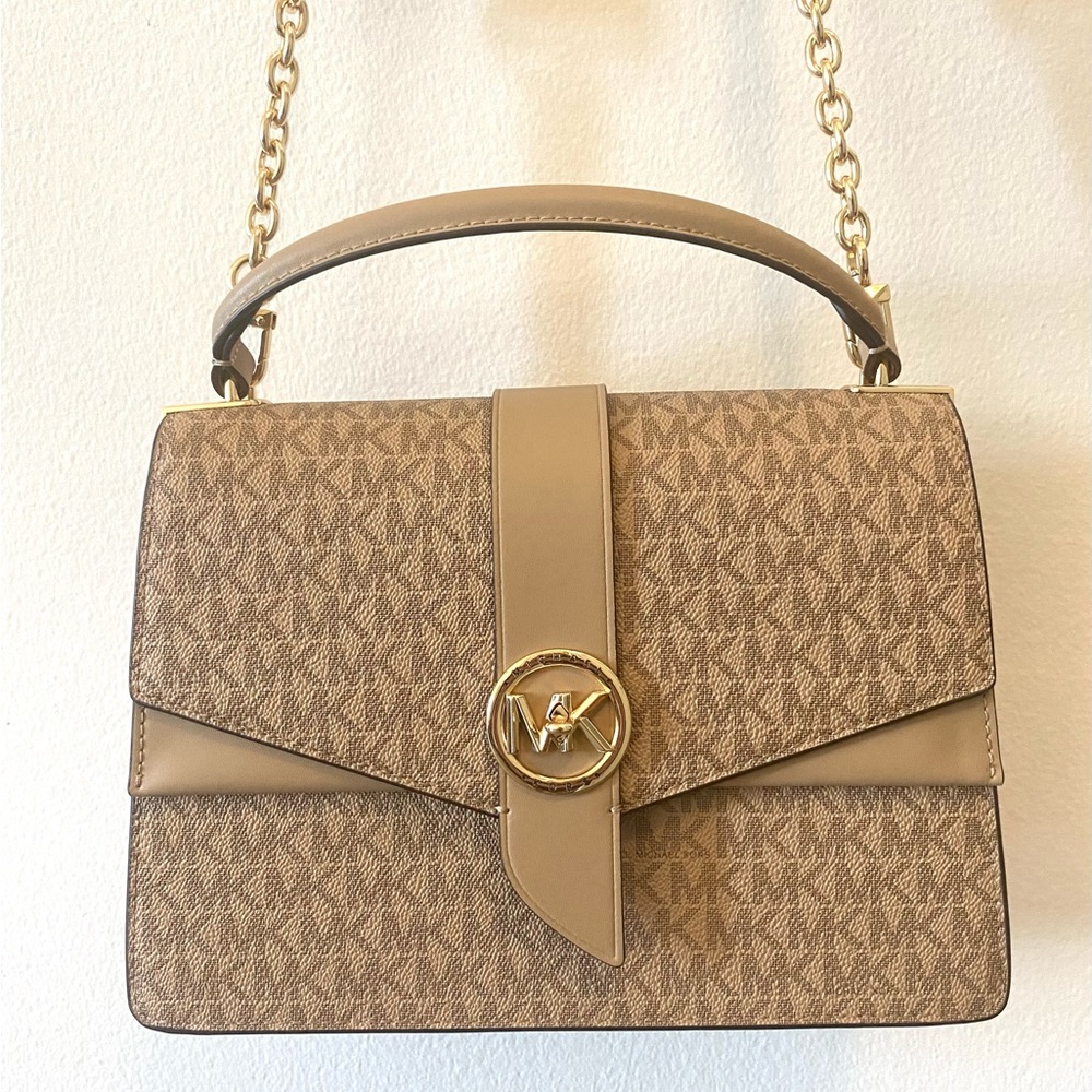 Michael Kors MK Signature Logo Print brown crossbody adjustable strap gold purse